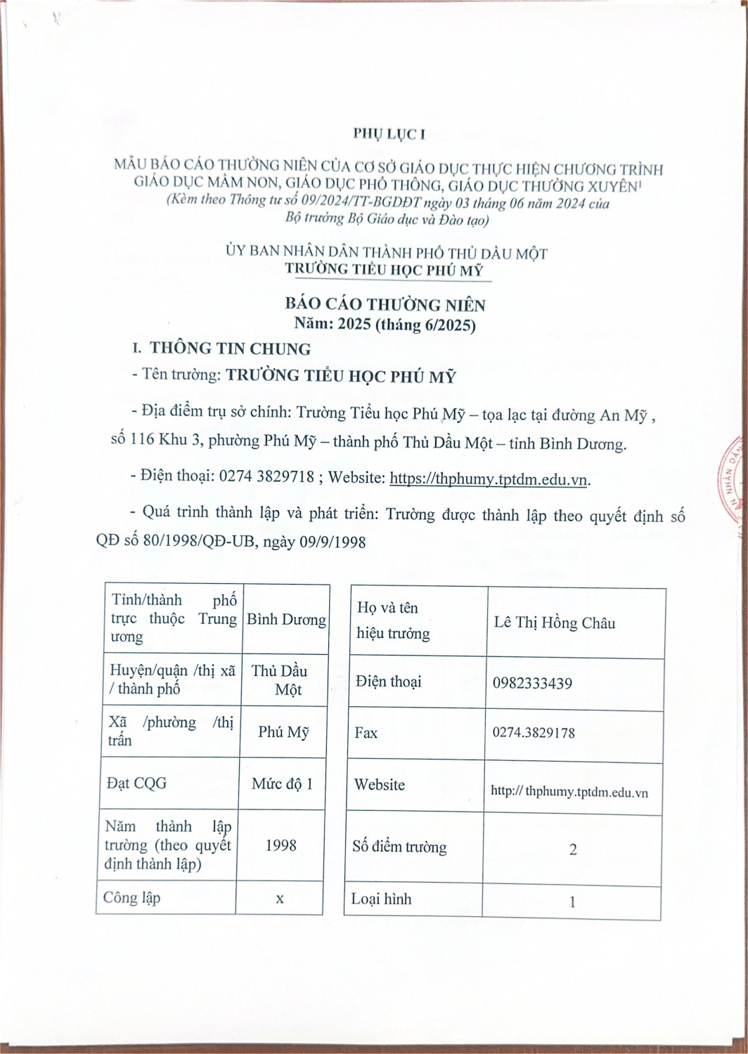 Báo cáo thường niên tháng 62025 của trường TH Phú Mỹ